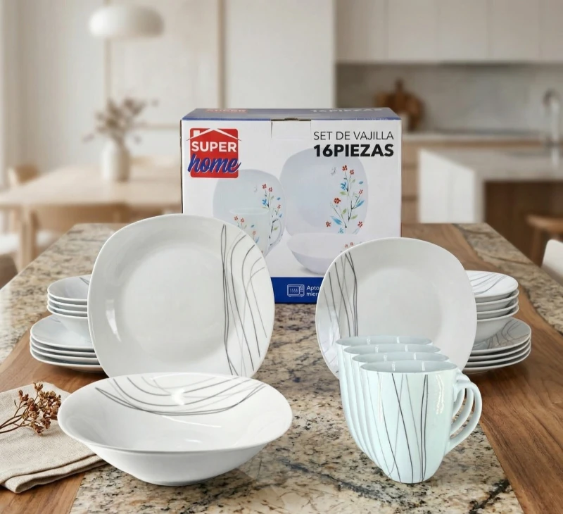 Set de Vajilla 16 Pcs Cuadrada Súper Home ✨🍽️🤍