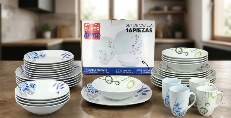 Set de Vajilla Cuadrada 16 Piezas Súper Home ✨🍽️💙
