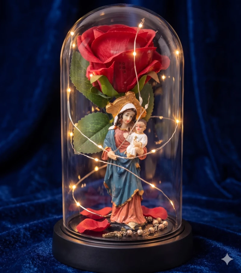 Virgen con Flor Eterna y Luces LED ✨🙏