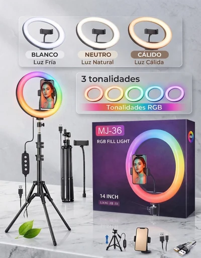 Aro de Luz RGB + Trípode ✨🌈📸36CM